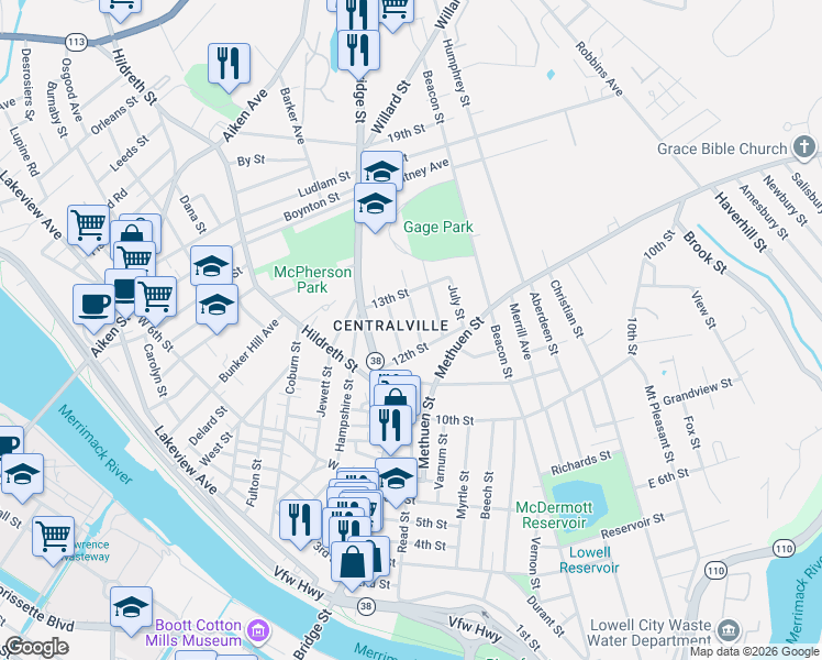 map of restaurants, bars, coffee shops, grocery stores, and more near 29 May Street in Lowell