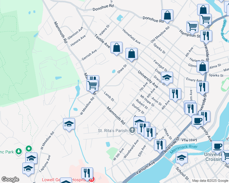 map of restaurants, bars, coffee shops, grocery stores, and more near 79 East Meadow Road in Lowell