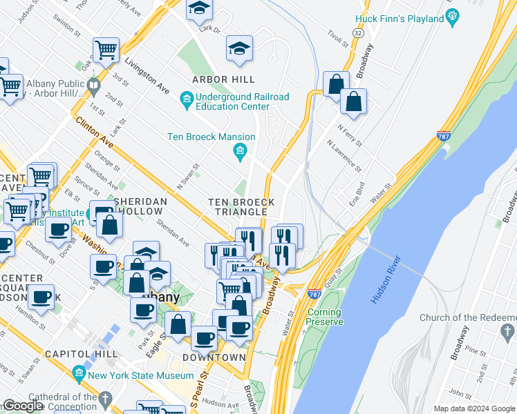 map of restaurants, bars, coffee shops, grocery stores, and more near 53 Ten Broeck Street in Albany