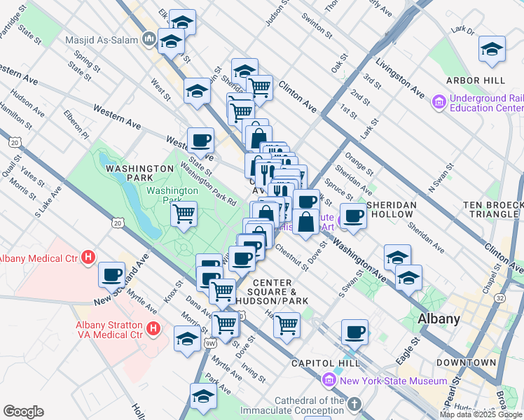 map of restaurants, bars, coffee shops, grocery stores, and more near 90 Spring Street in Albany