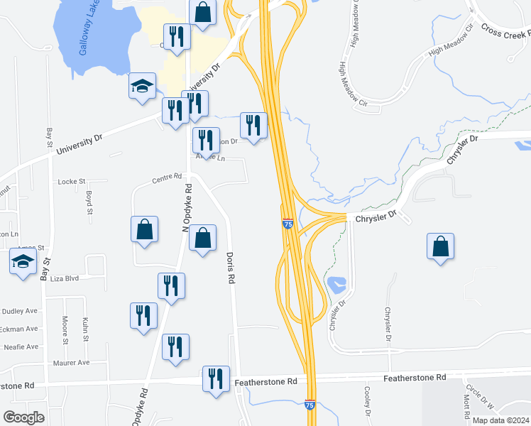map of restaurants, bars, coffee shops, grocery stores, and more near 1180 Doris Road in Auburn Hills