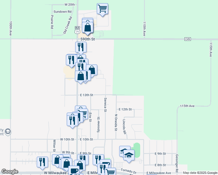 map of restaurants, bars, coffee shops, grocery stores, and more near 1405 Seneca Street in Storm Lake