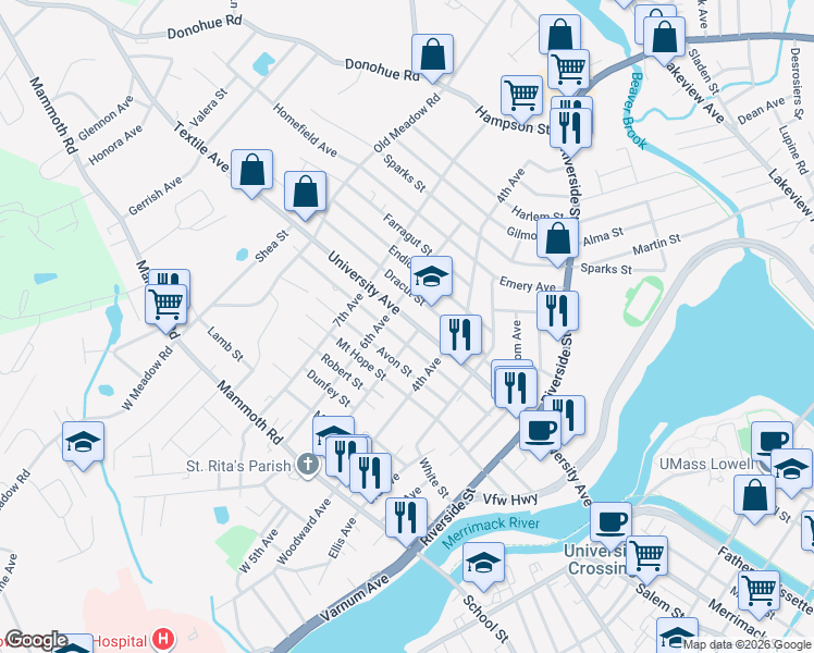 map of restaurants, bars, coffee shops, grocery stores, and more near 254 University Avenue in Lowell