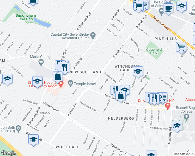 map of restaurants, bars, coffee shops, grocery stores, and more near South Main Avenue in Albany