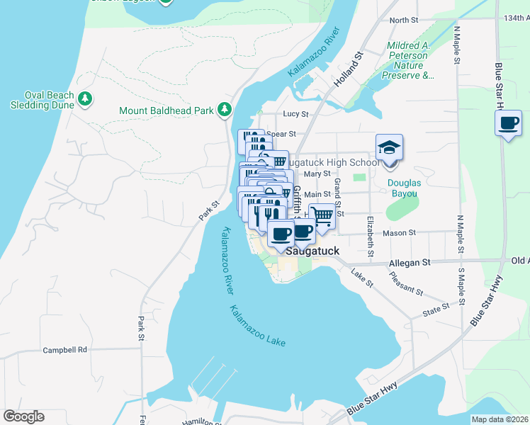 map of restaurants, bars, coffee shops, grocery stores, and more near 321 Water Street in Saugatuck