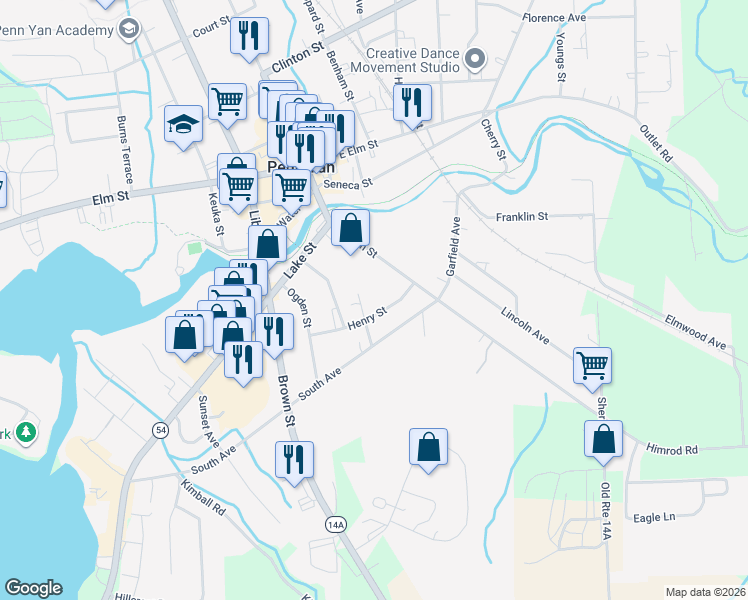 map of restaurants, bars, coffee shops, grocery stores, and more near 111 Henry Street in Penn Yan