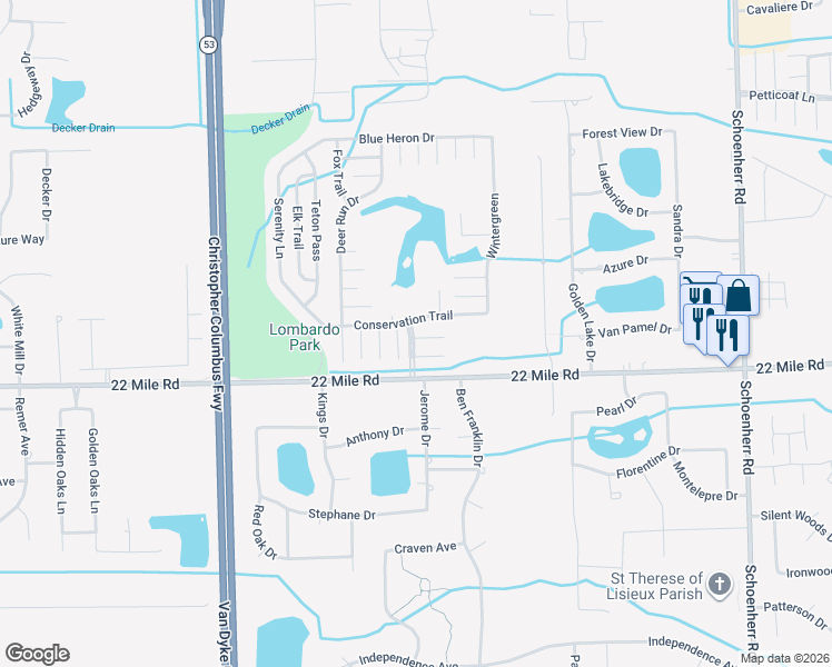 map of restaurants, bars, coffee shops, grocery stores, and more near 49107 Cranberry Court in Macomb County