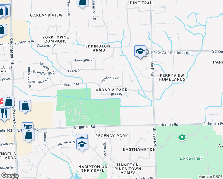 map of restaurants, bars, coffee shops, grocery stores, and more near 732 Enchantment Drive in Rochester Hills