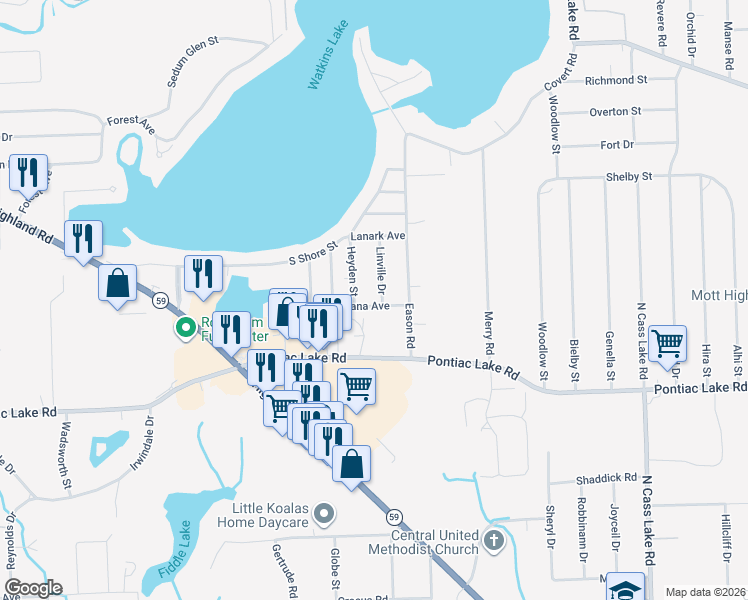 map of restaurants, bars, coffee shops, grocery stores, and more near 1232 Heyden Street in Waterford Township