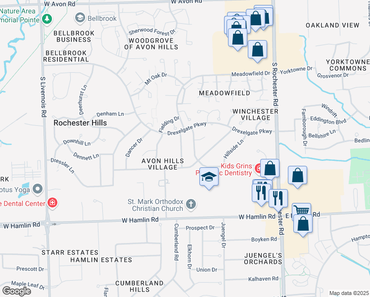 map of restaurants, bars, coffee shops, grocery stores, and more near 1645 Treeside Drive in Rochester Hills