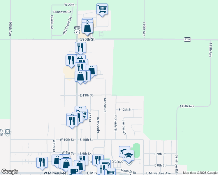 map of restaurants, bars, coffee shops, grocery stores, and more near 1405 Seneca Street in Storm Lake