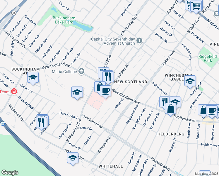 map of restaurants, bars, coffee shops, grocery stores, and more near New Scotland Avenue & South Allen Street in Albany