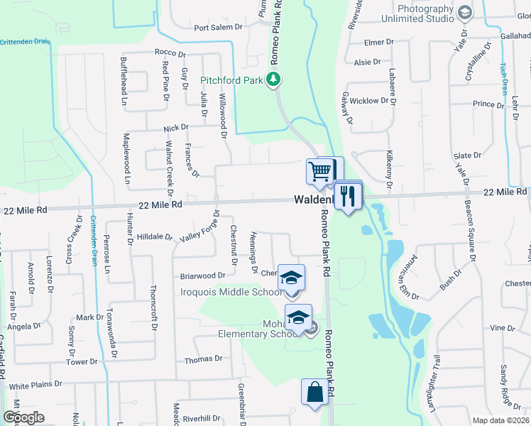 map of restaurants, bars, coffee shops, grocery stores, and more near 18150 22 Mile Road in Macomb