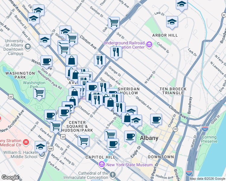 map of restaurants, bars, coffee shops, grocery stores, and more near 167 Elk Street in Albany