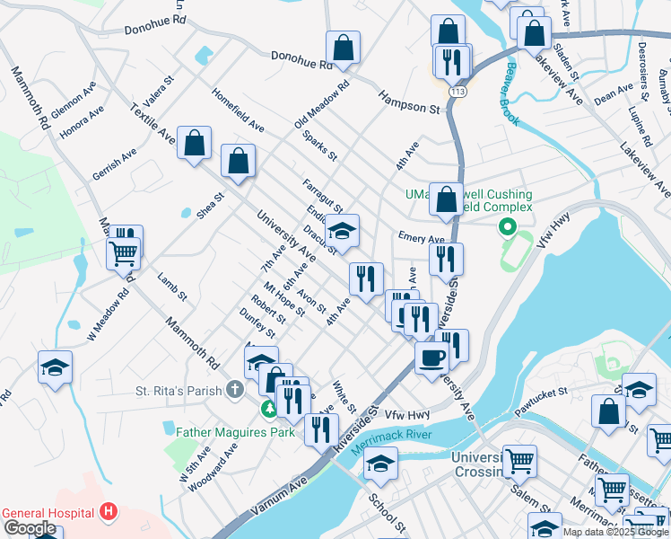 map of restaurants, bars, coffee shops, grocery stores, and more near 245 University Avenue in Lowell