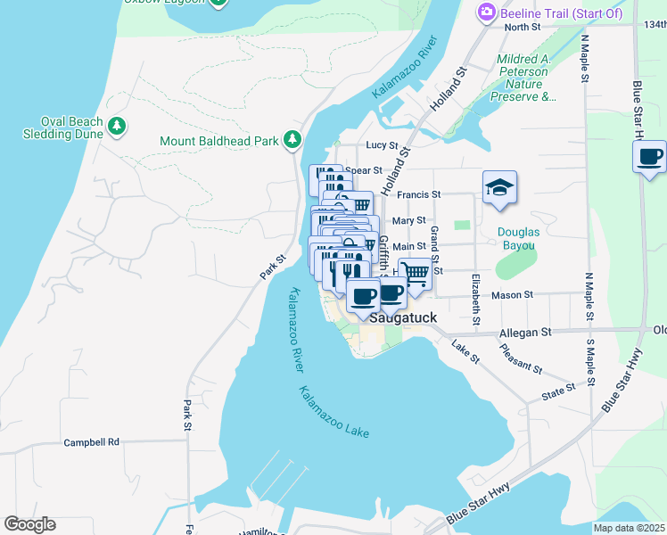 map of restaurants, bars, coffee shops, grocery stores, and more near 321 Water Street in Saugatuck