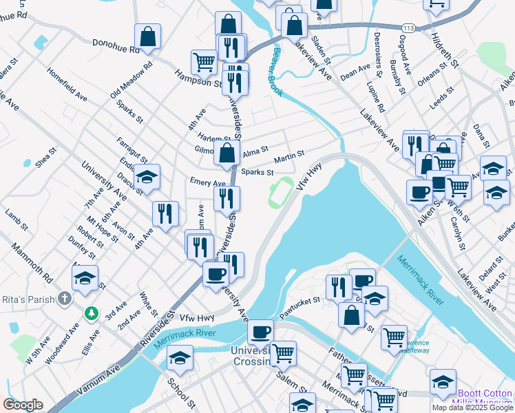 map of restaurants, bars, coffee shops, grocery stores, and more near in Lowell