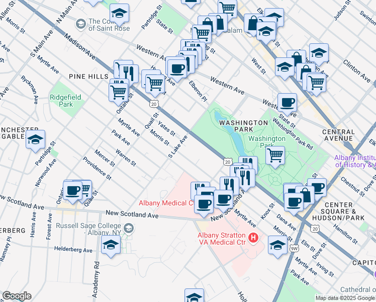 map of restaurants, bars, coffee shops, grocery stores, and more near 277 Morris Street in Albany