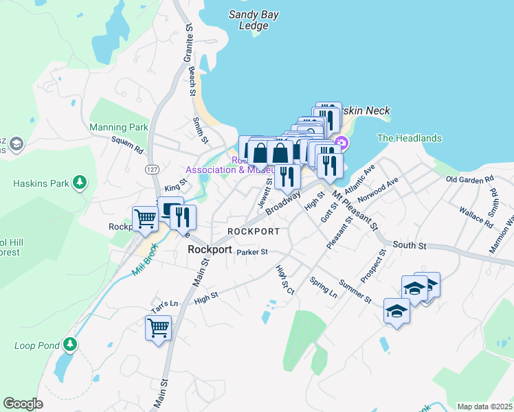 map of restaurants, bars, coffee shops, grocery stores, and more near 5 Cleaves Street in Rockport