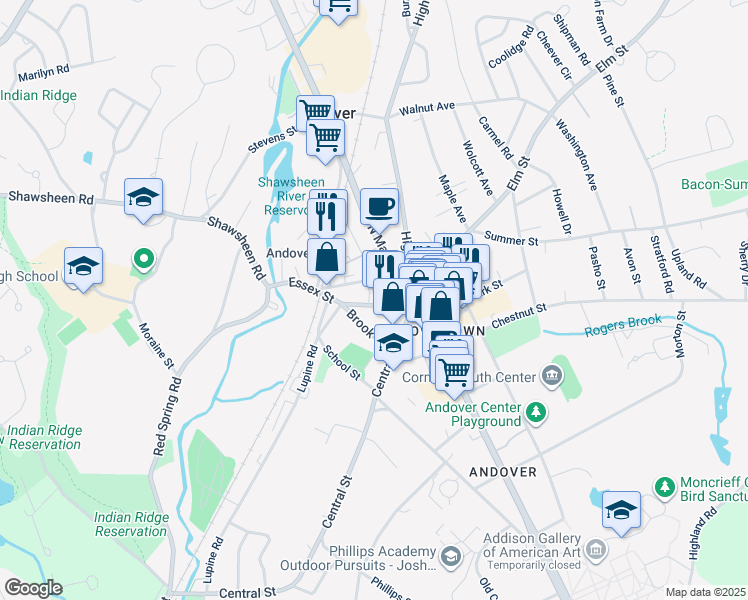 map of restaurants, bars, coffee shops, grocery stores, and more near 9 Essex Street in Andover