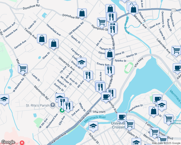 map of restaurants, bars, coffee shops, grocery stores, and more near 40 Endicott Street in Lowell