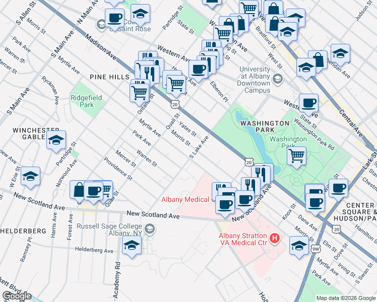 map of restaurants, bars, coffee shops, grocery stores, and more near 111 South Lake Avenue in Albany