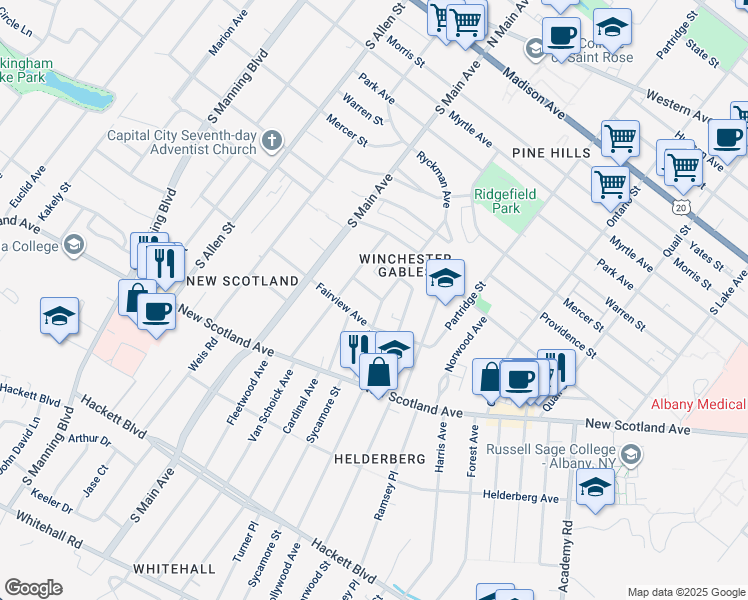 map of restaurants, bars, coffee shops, grocery stores, and more near 10 Barnet Street in Albany