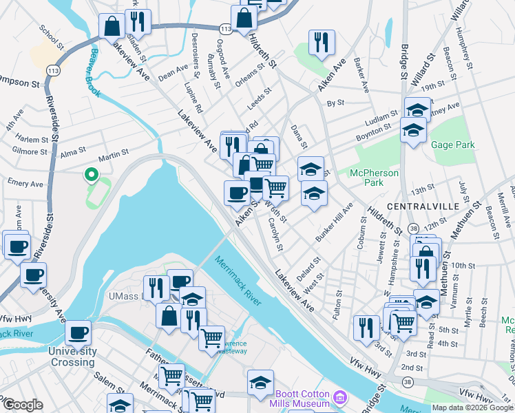 map of restaurants, bars, coffee shops, grocery stores, and more near 737 Lakeview Avenue in Lowell