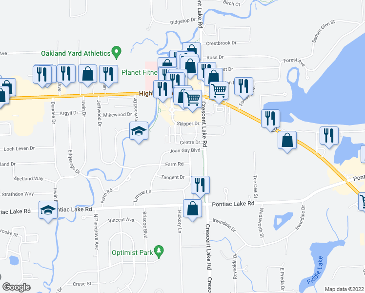 map of restaurants, bars, coffee shops, grocery stores, and more near 5108 Joan Gay Boulevard in Waterford Township