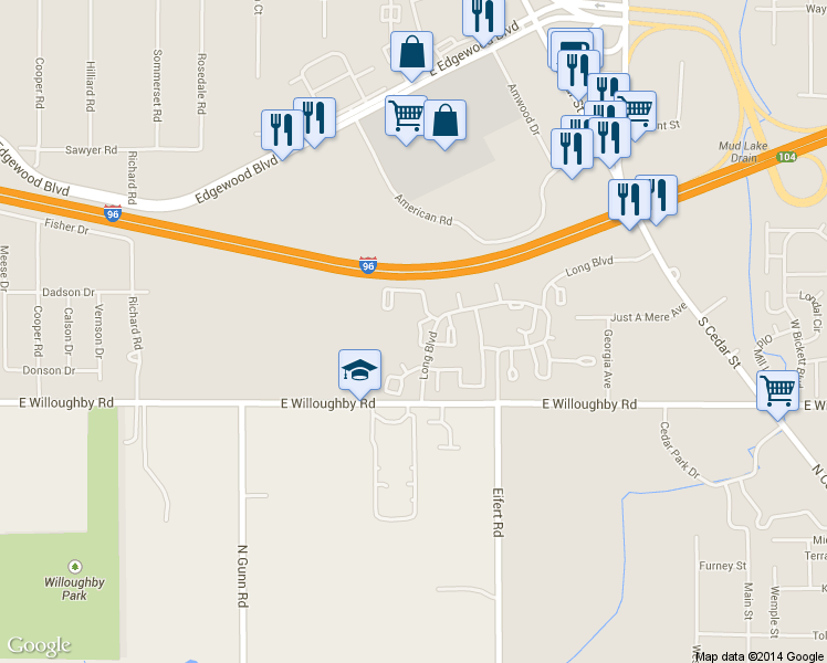 map of restaurants, bars, coffee shops, grocery stores, and more near 762 Long Boulevard in Lansing