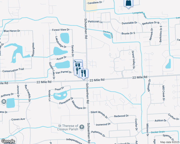 map of restaurants, bars, coffee shops, grocery stores, and more near 49150 Schoenherr Road in Shelby charter Township