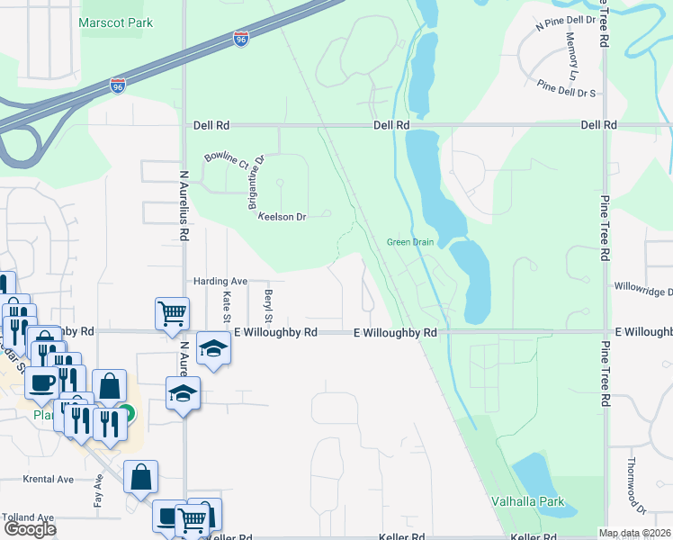 map of restaurants, bars, coffee shops, grocery stores, and more near 2584 Winterberry Street in Delhi charter Township