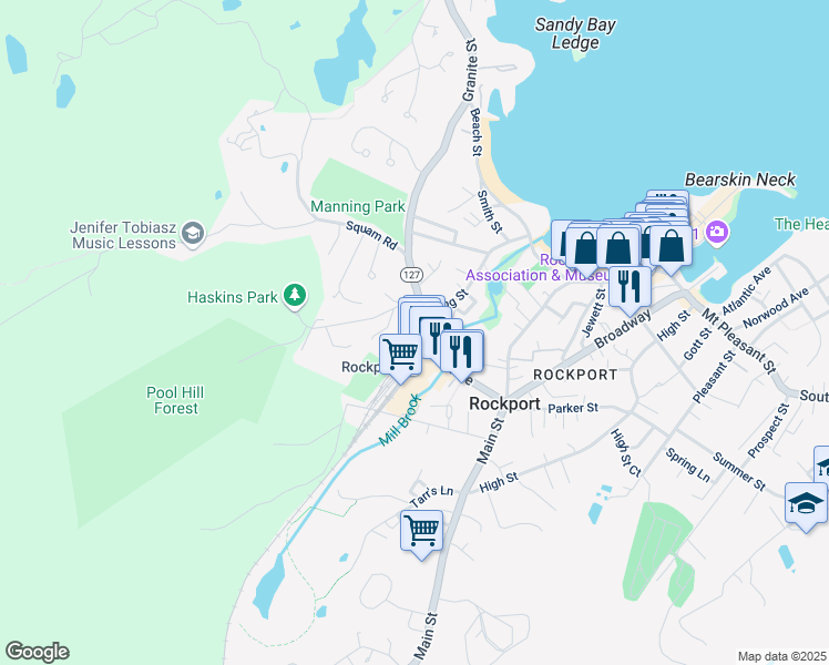 map of restaurants, bars, coffee shops, grocery stores, and more near 21 Railroad Avenue in Rockport