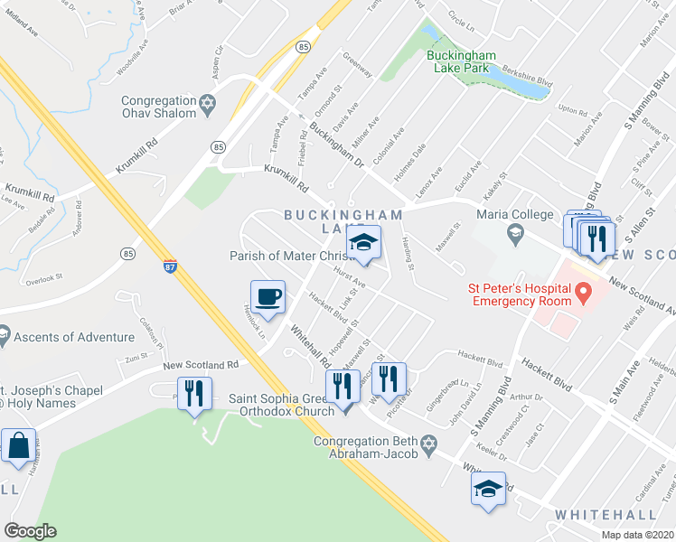 map of restaurants, bars, coffee shops, grocery stores, and more near 20 Hurst Avenue in Albany