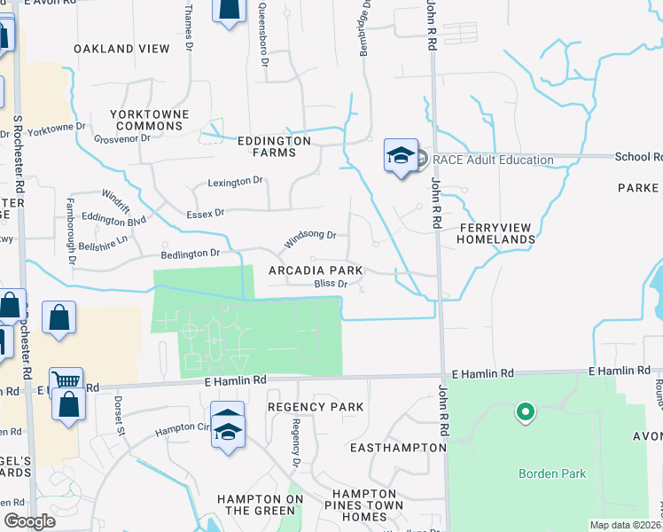map of restaurants, bars, coffee shops, grocery stores, and more near 732 Enchantment Drive in Rochester Hills