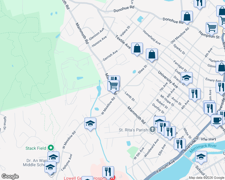 map of restaurants, bars, coffee shops, grocery stores, and more near 374 Mammoth Road in Lowell