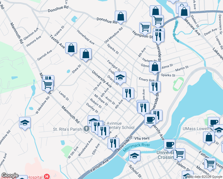 map of restaurants, bars, coffee shops, grocery stores, and more near 276 University Avenue in Lowell