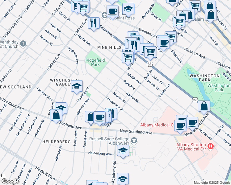 map of restaurants, bars, coffee shops, grocery stores, and more near 621 Mercer Street in Albany