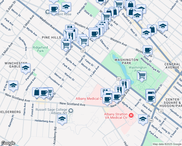 map of restaurants, bars, coffee shops, grocery stores, and more near 111 South Lake Avenue in Albany