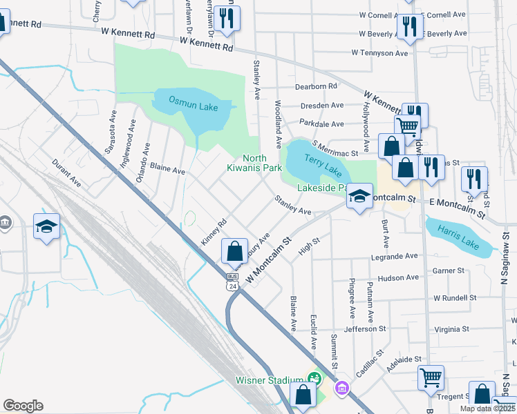 map of restaurants, bars, coffee shops, grocery stores, and more near 729 Livingstone Avenue in Pontiac