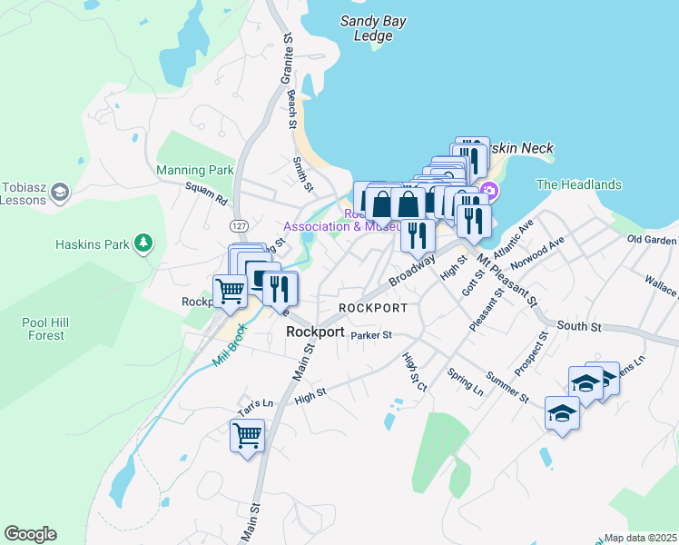 map of restaurants, bars, coffee shops, grocery stores, and more near 54A-C Main Street in Rockport