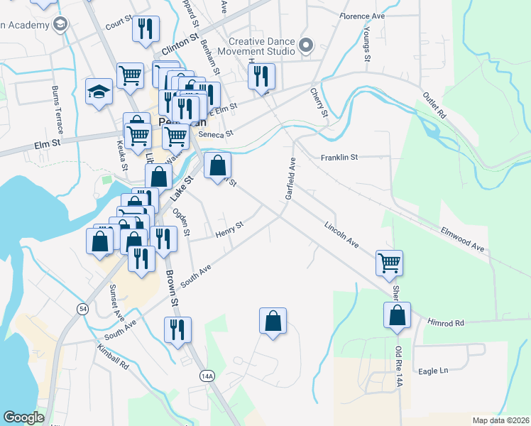map of restaurants, bars, coffee shops, grocery stores, and more near 141 East Main Street in Penn Yan