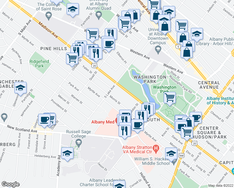 map of restaurants, bars, coffee shops, grocery stores, and more near 692 Madison Avenue in Albany