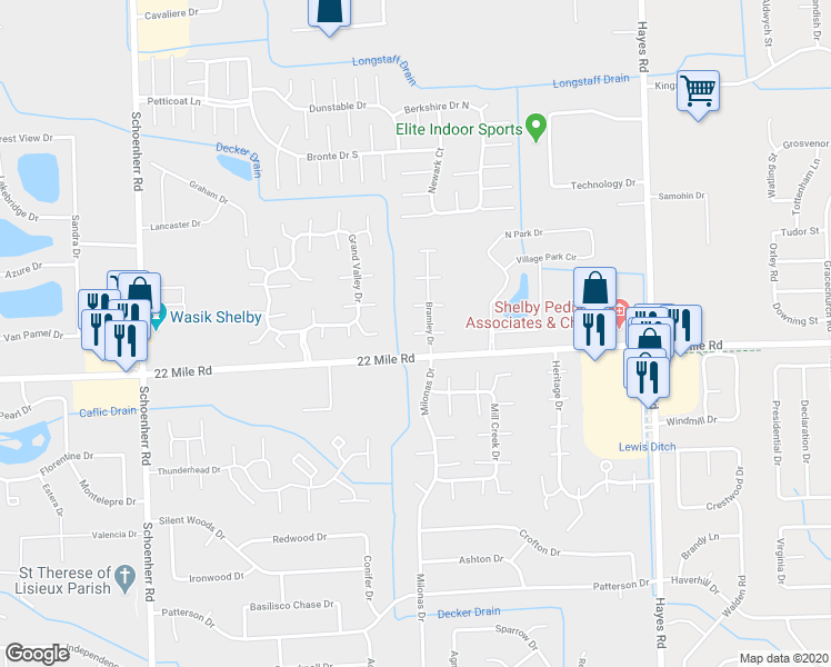 map of restaurants, bars, coffee shops, grocery stores, and more near 49211 Freedom Court in Shelby charter Township