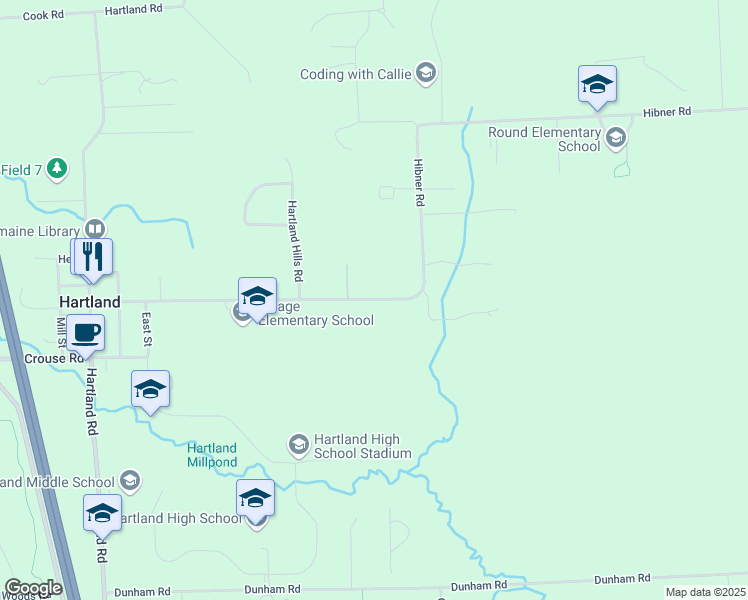 map of restaurants, bars, coffee shops, grocery stores, and more near 10632 Hibner Road in Hartland