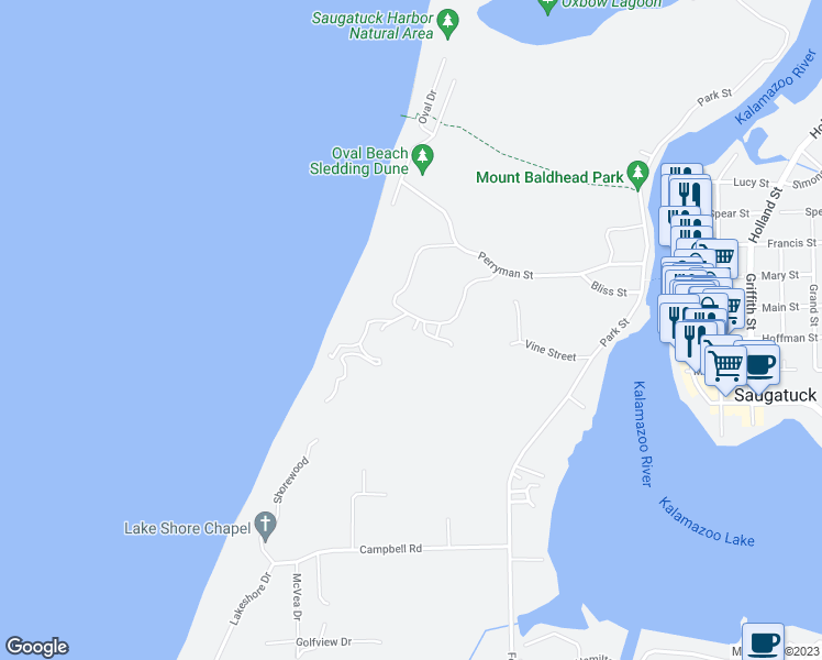 map of restaurants, bars, coffee shops, grocery stores, and more near 631 Perryman Street in Saugatuck