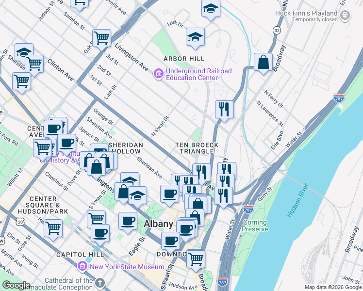 map of restaurants, bars, coffee shops, grocery stores, and more near 1 Saint Joseph's Terrace in Albany