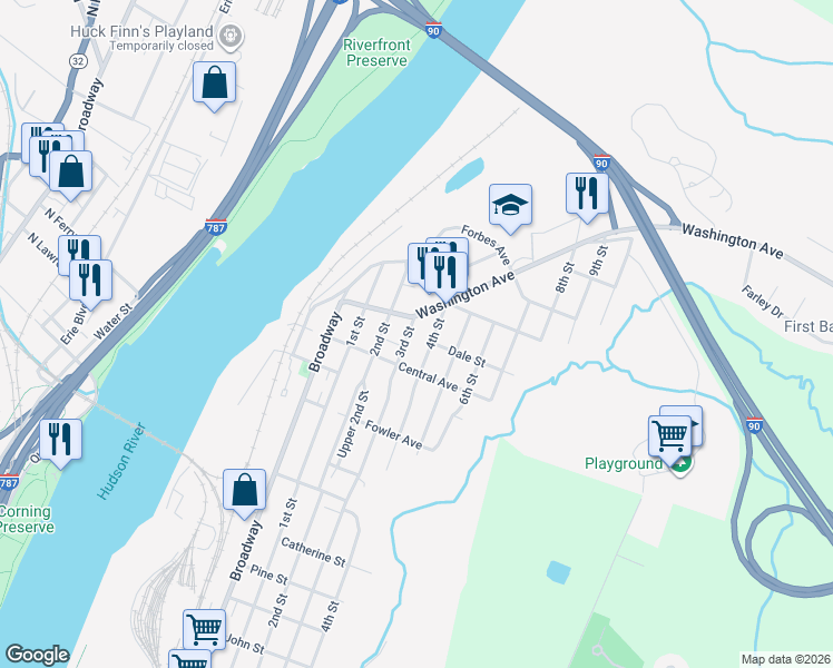 map of restaurants, bars, coffee shops, grocery stores, and more near 1638 3rd Street in Rensselaer