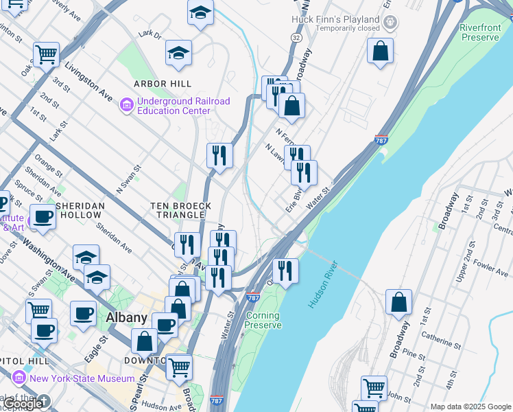 map of restaurants, bars, coffee shops, grocery stores, and more near in Albany