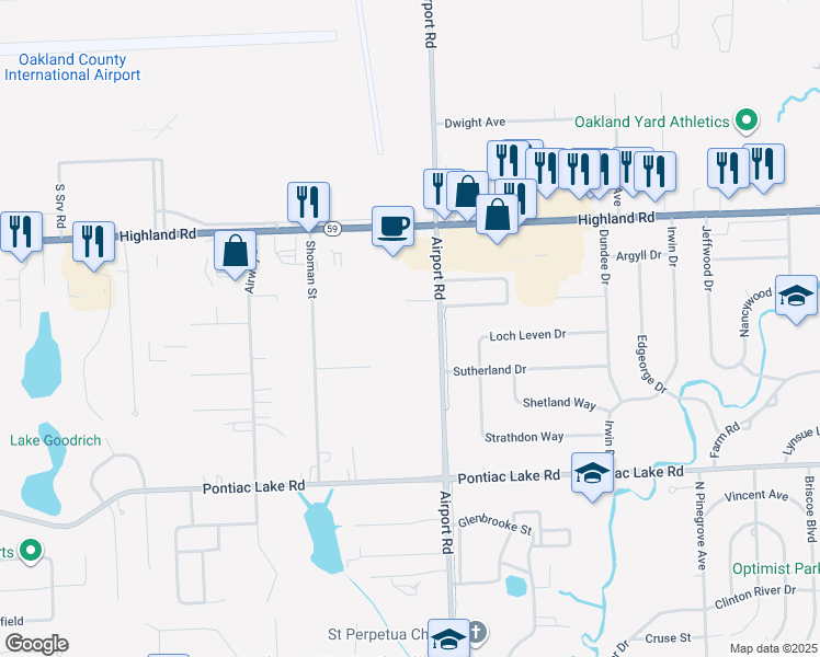 map of restaurants, bars, coffee shops, grocery stores, and more near 1285 Airport Road in Waterford Township